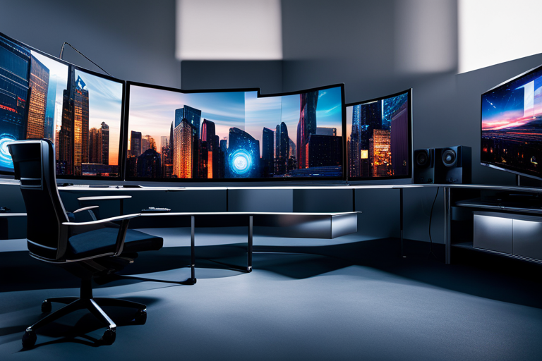 Futuristic gaming room showcasing an immersive triple monitor setup